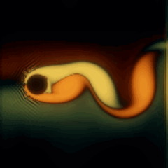 Plate 146, Kármán Vortex Street: a still of the fluid / lattice boltzmann plate as the atlas renders it, in the fields accent.